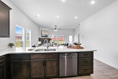 Kitchen with white countertops, stainless steel dishwasher and view of the open living space