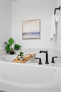 Bathtub nicely decorated with plants and calm painting on the wall