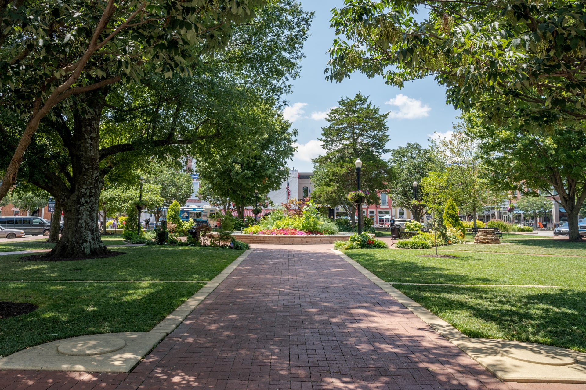 Pathway to the center part of the Bentonville, AR square with a garden in the middle