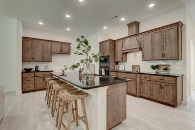 Modern kitchen showcasing stained cabinets with hood and black granite countertops