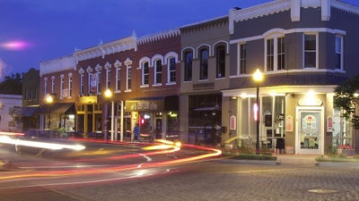 Downtown Bentonville, Arkansas front of local shops and restaurants
